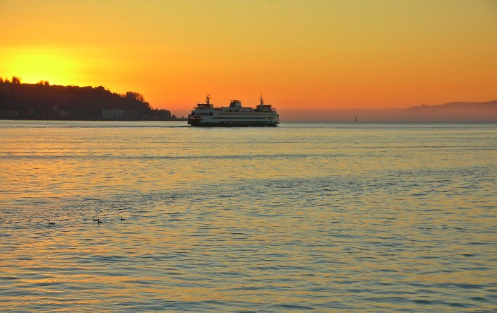 Ferry at sunset, Elliot Bay, Seattle